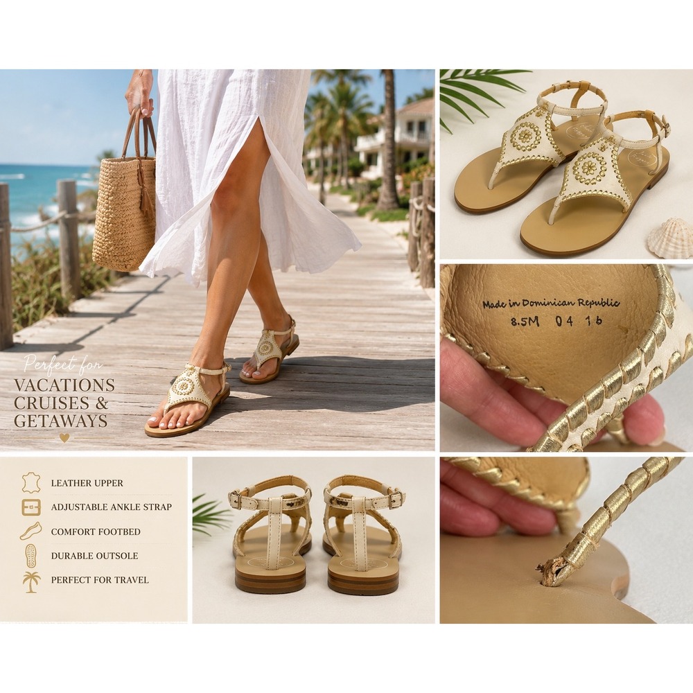 Jack Rogers Georgica Cream Gold Whipstitch Ankle Strap Sandal Womens 8.5M